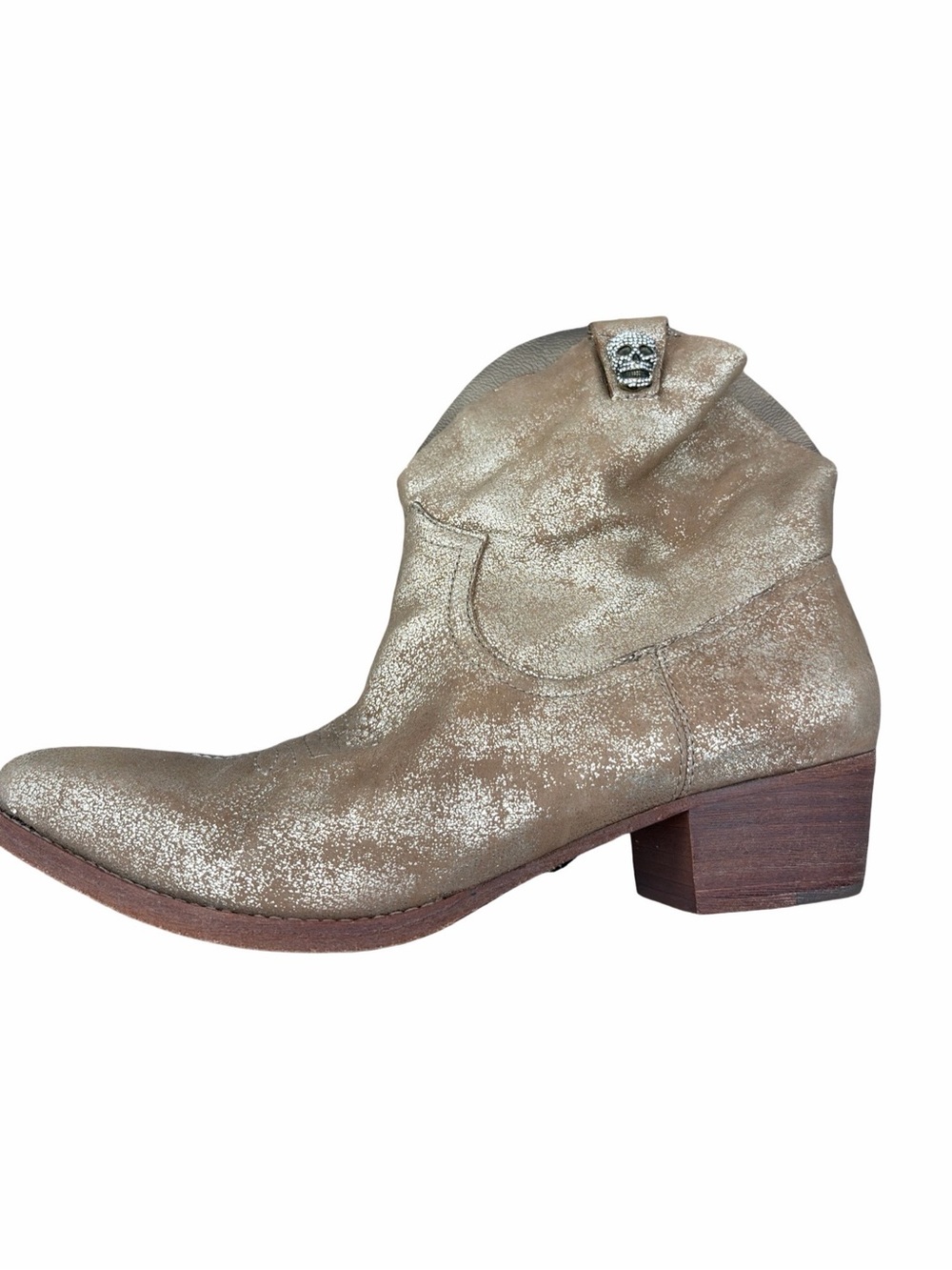 Zadig & Voltaire Metallic Gold Western Ankle Bootie with Skull Accent Size 8.5